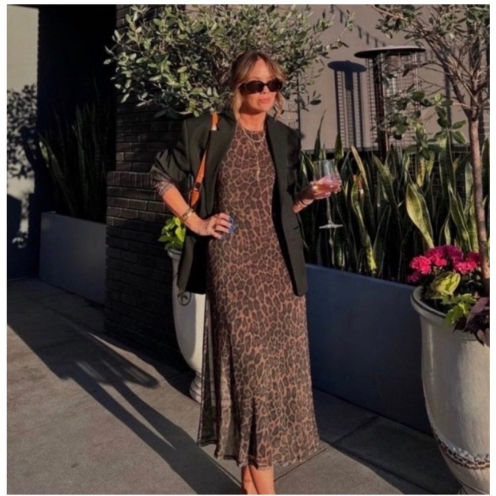 Rachel Zoe Leopard Mesh Midi Dress Medium Brown New Long sheer Sleeve  Overlay
